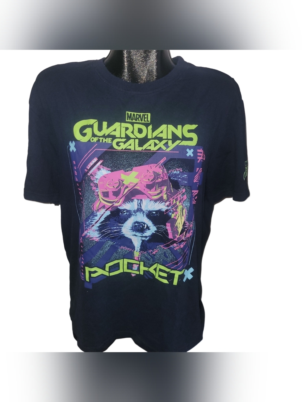 Marvel Guardians of the Galaxy Rocket Graphic Tee In Navy with Neon Accents L